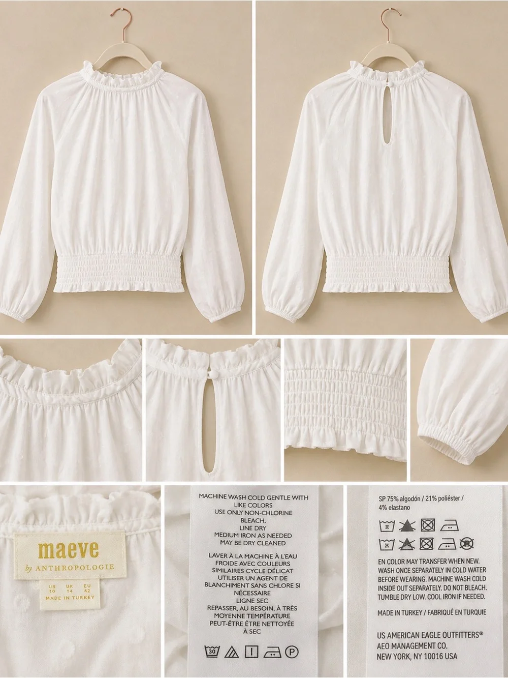 Anthropologie White Ruffled Mock-Neck Smocked-Waist Blouse